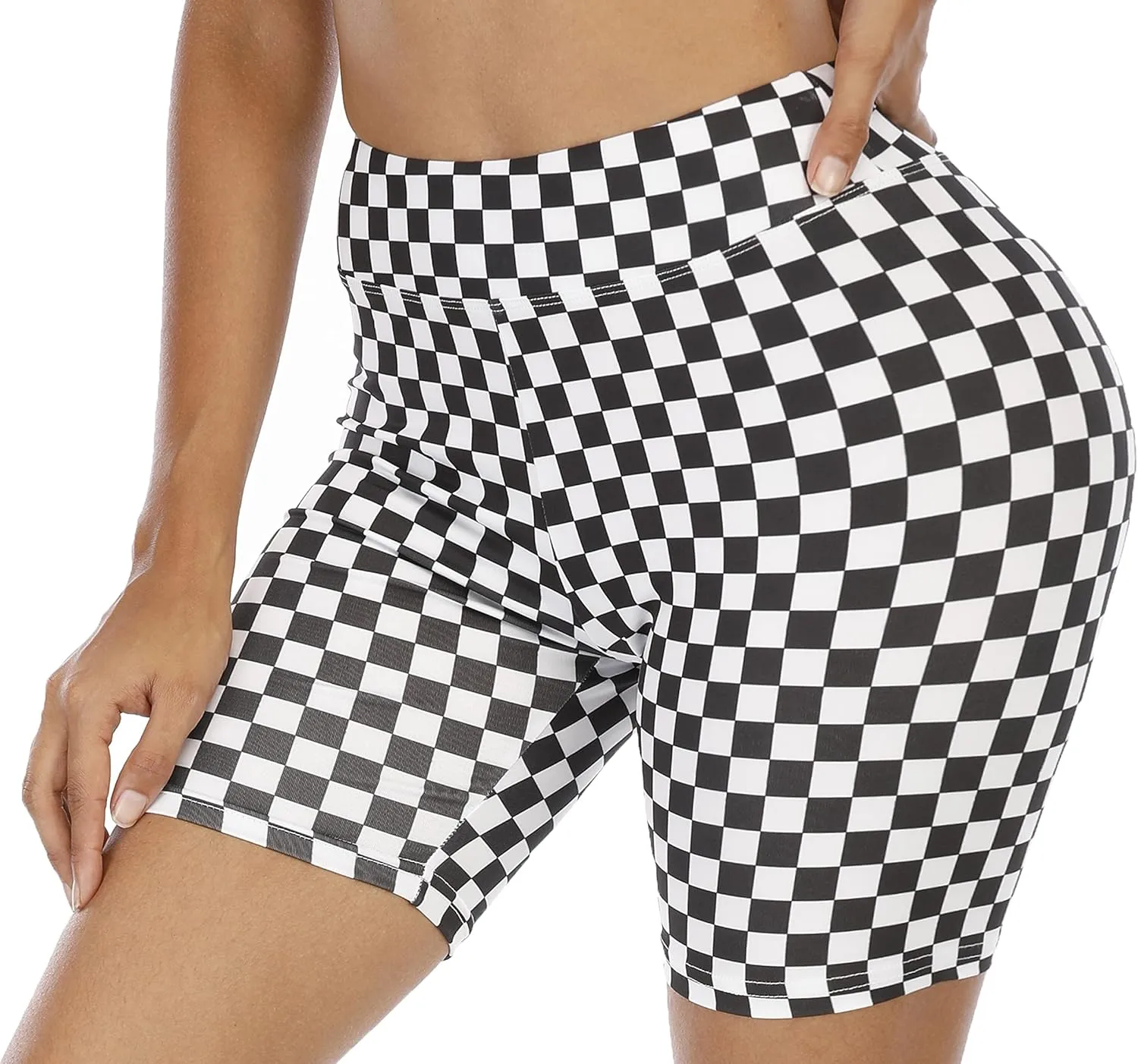 WSPLYSPJY High Waist Biker Yoga Shorts for Women's Black and White Checkered Athletic Running Workout