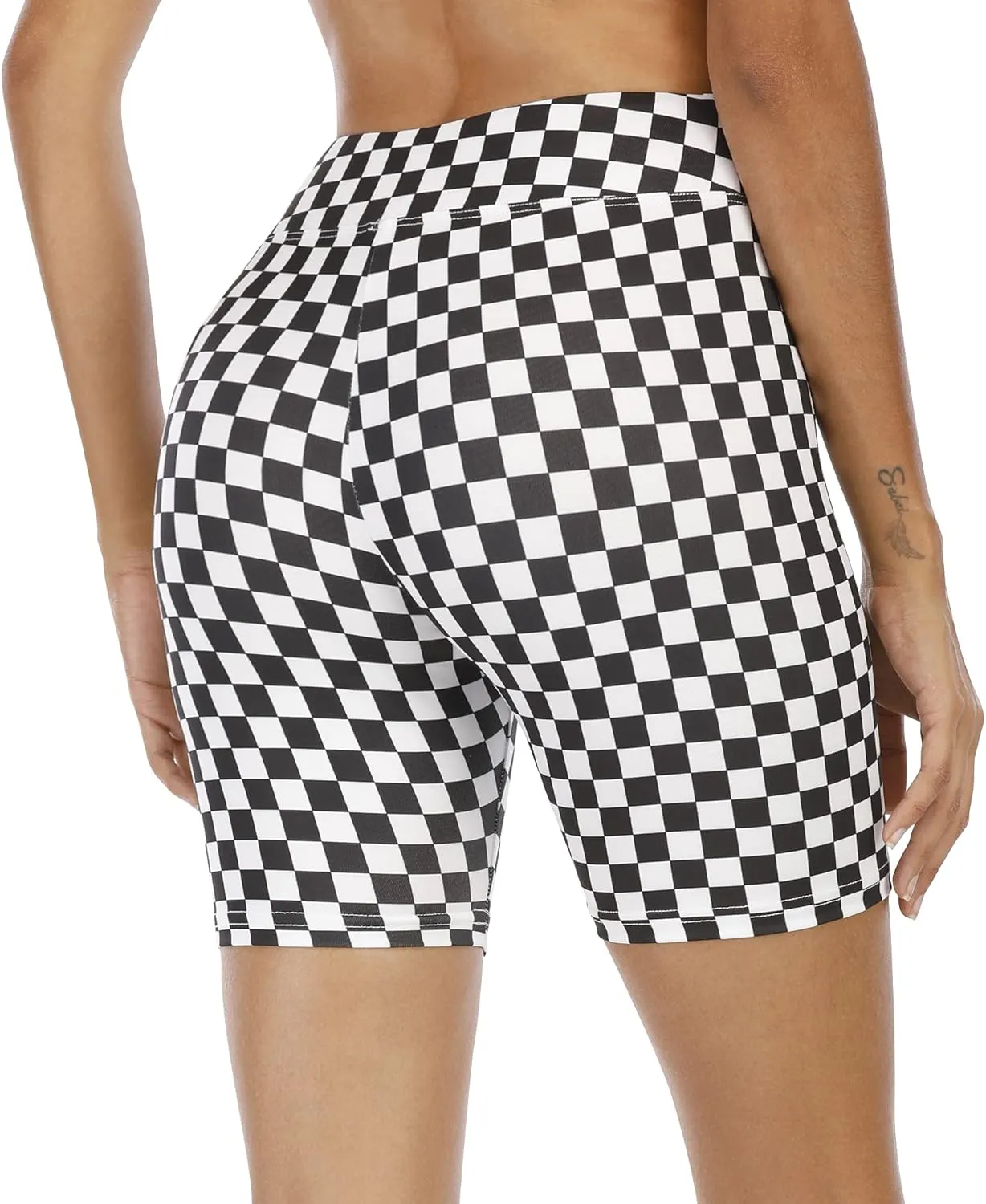 WSPLYSPJY High Waist Biker Yoga Shorts for Women's Black and White Checkered Athletic Running Workout