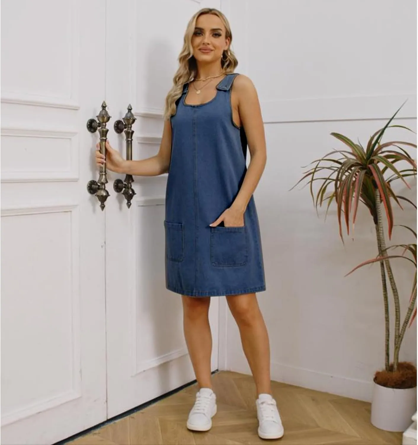 Xaspee Denim Overall Dress for Women Casual Mini Sleeveless Jean Vintage Jumper Skirt Dress with Pockets