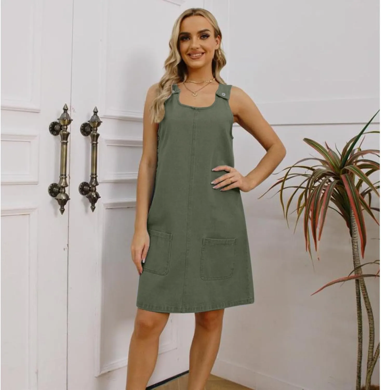 Xaspee Denim Overall Dress for Women Casual Mini Sleeveless Jean Vintage Jumper Skirt Dress with Pockets