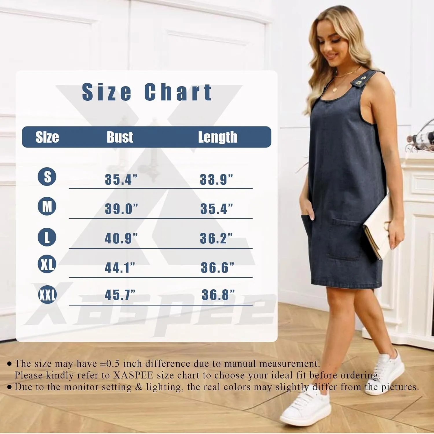 Xaspee Denim Overall Dress for Women Casual Mini Sleeveless Jean Vintage Jumper Skirt Dress with Pockets
