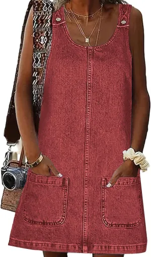 Xaspee Denim Overall Dress for Women Casual Mini Sleeveless Jean Vintage Jumper Skirt Dress with Pockets