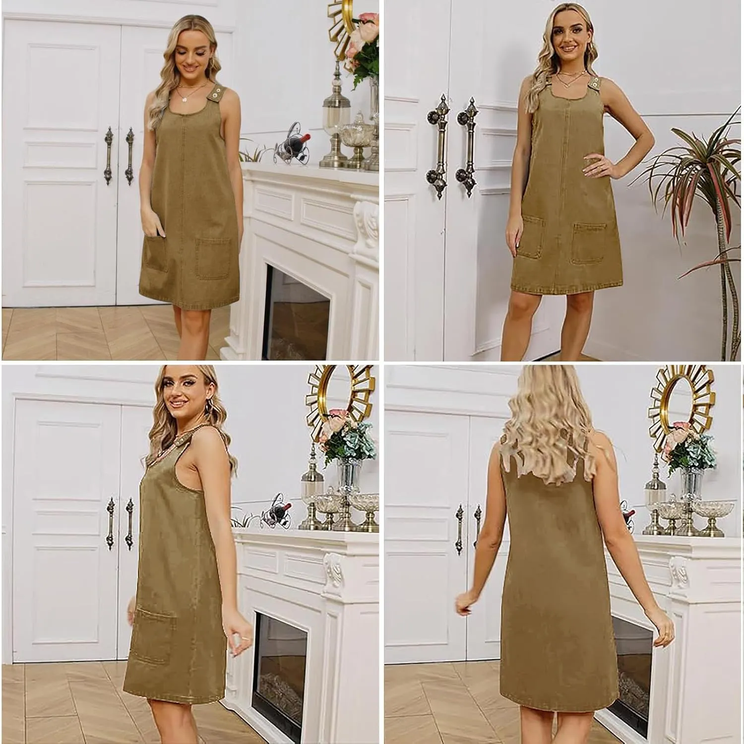Xaspee Denim Overall Dress for Women Casual Mini Sleeveless Jean Vintage Jumper Skirt Dress with Pockets