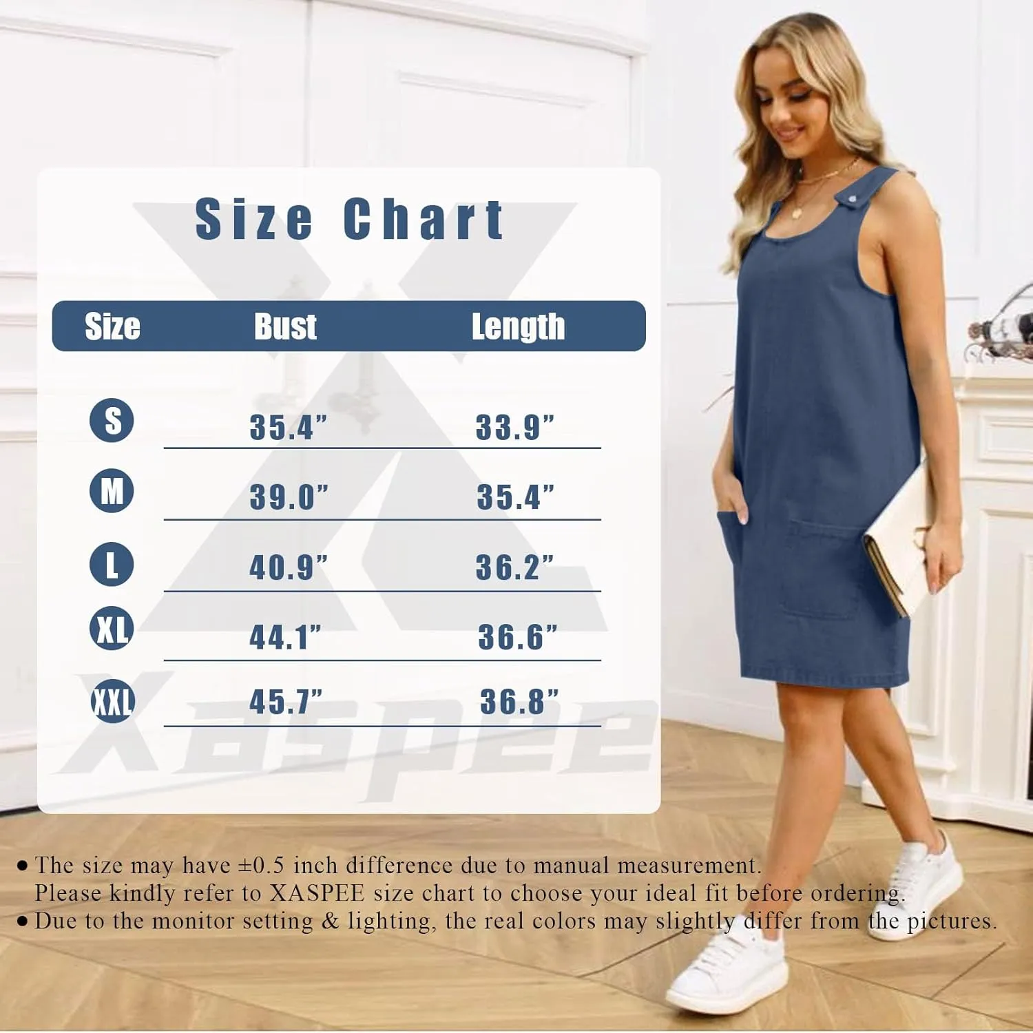 Xaspee Denim Overall Dress for Women Casual Mini Sleeveless Jean Vintage Jumper Skirt Dress with Pockets