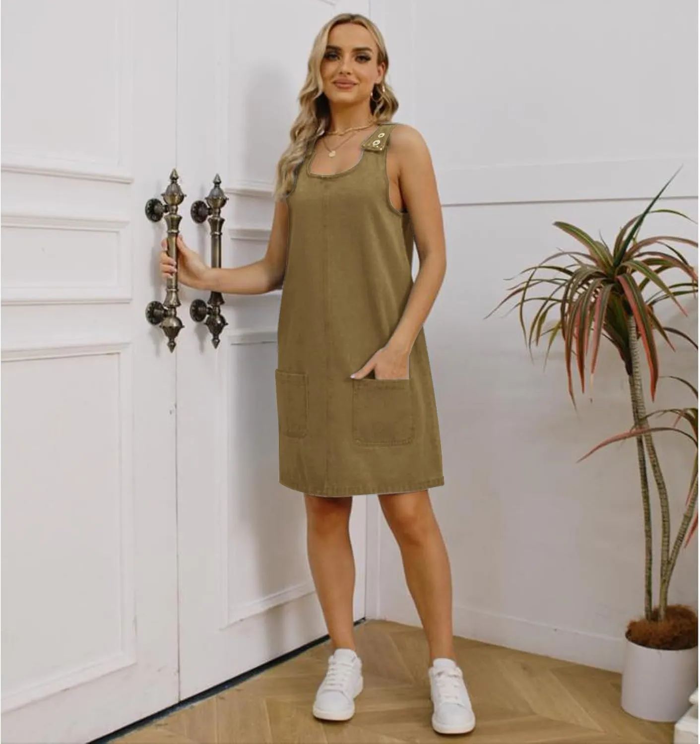 Xaspee Denim Overall Dress for Women Casual Mini Sleeveless Jean Vintage Jumper Skirt Dress with Pockets
