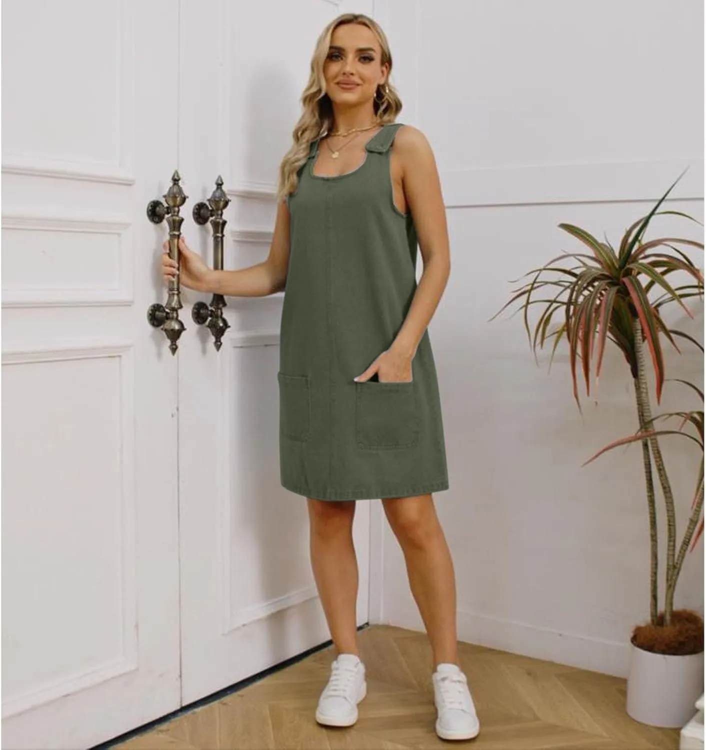 Xaspee Denim Overall Dress for Women Casual Mini Sleeveless Jean Vintage Jumper Skirt Dress with Pockets