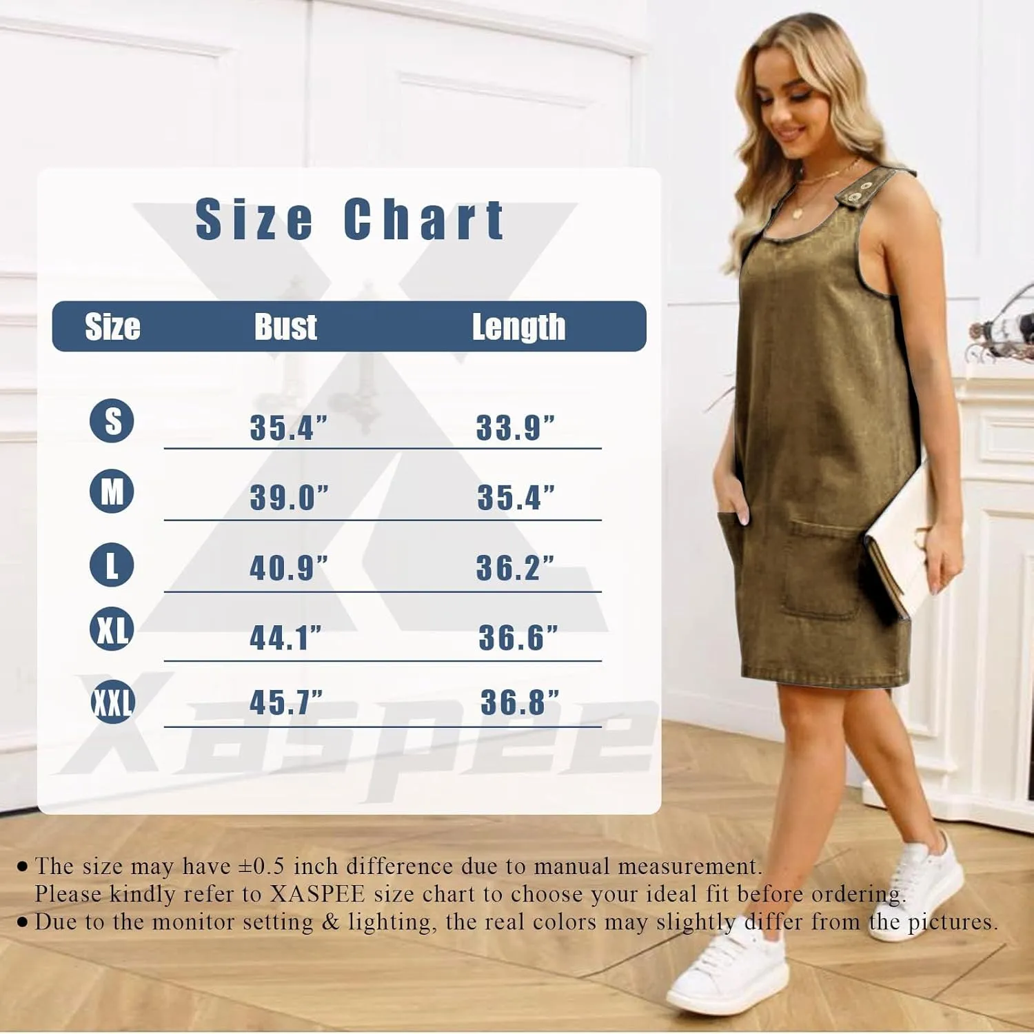 Xaspee Denim Overall Dress for Women Casual Mini Sleeveless Jean Vintage Jumper Skirt Dress with Pockets