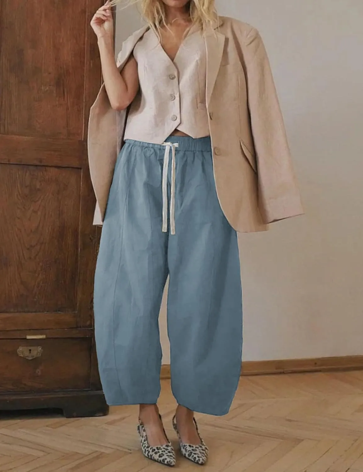 Xiaoxuemeng Barrel Jeans Women Cropped Cotton Wide Leg Pants High Waisted Denim Pants with Pockets