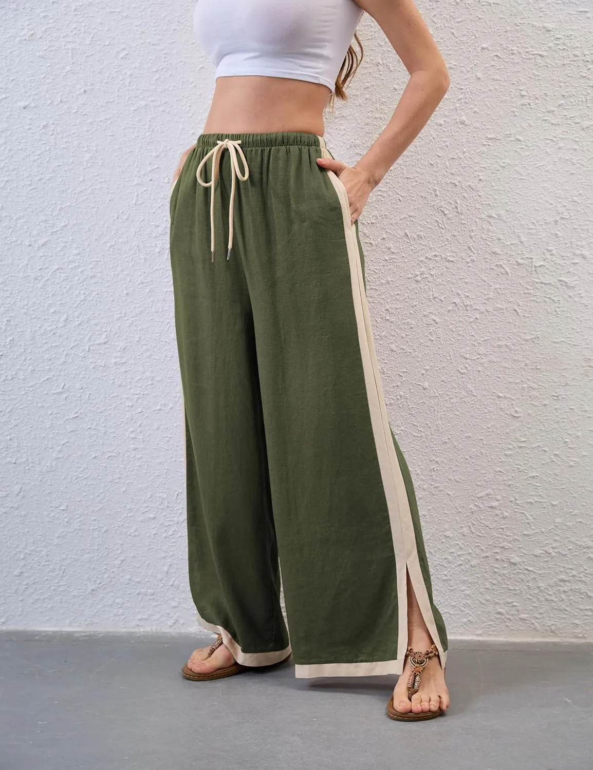 Xiaoxuemeng Wide Leg Pants for Women Casual Linen Side Striped Baggy Pants Elastic Waisted Trousers with Pockets