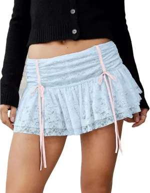 Y2k Women Lace Mini Skirt Ruffle Layered Pleated Flowy Slip Skirt A Line Sexy See Through Low Rise Short Skirts
