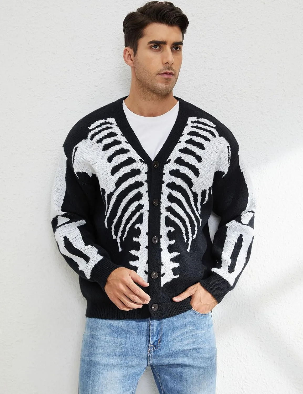 Yimoon Men's Skeleton Print Cardigan Sweaters Casual V Neck Button Down Open Front Sweater Coats