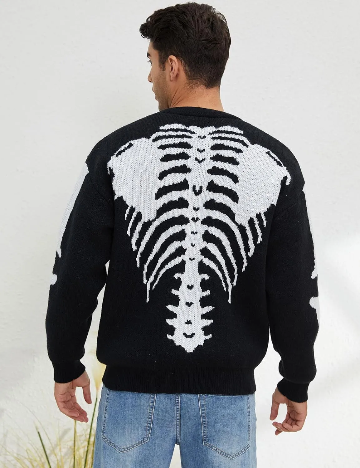 Yimoon Men's Skeleton Print Cardigan Sweaters Casual V Neck Button Down Open Front Sweater Coats
