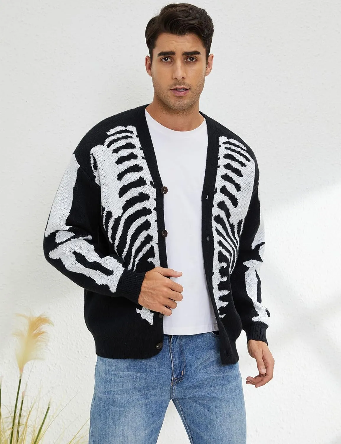 Yimoon Men's Skeleton Print Cardigan Sweaters Casual V Neck Button Down Open Front Sweater Coats