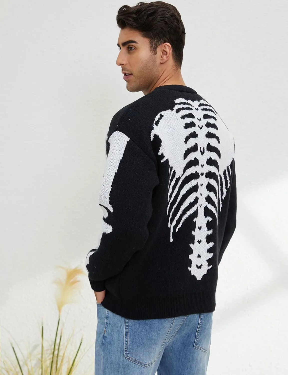 Yimoon Men's Skeleton Print Cardigan Sweaters Casual V Neck Button Down Open Front Sweater Coats