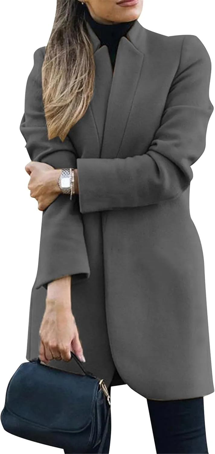 YMING Womens Casual Wool Blend Long Pea Coats Jackets Notched Open Front Outerwear Slim Fit Winter Overcoats
