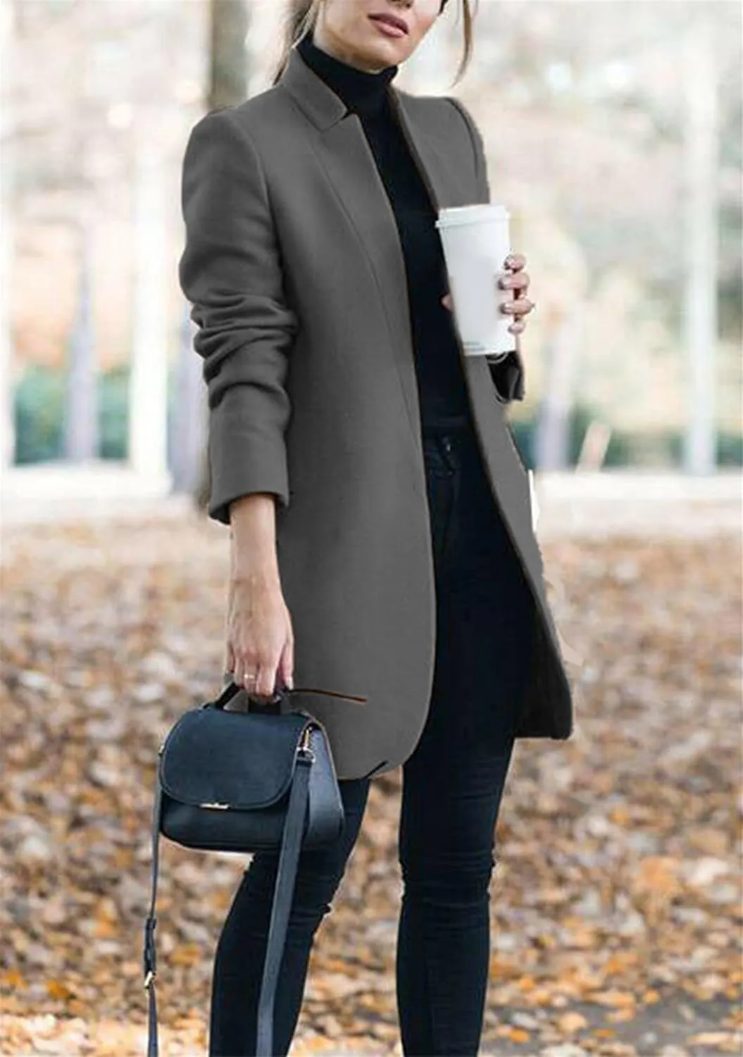 YMING Womens Casual Wool Blend Long Pea Coats Jackets Notched Open Front Outerwear Slim Fit Winter Overcoats