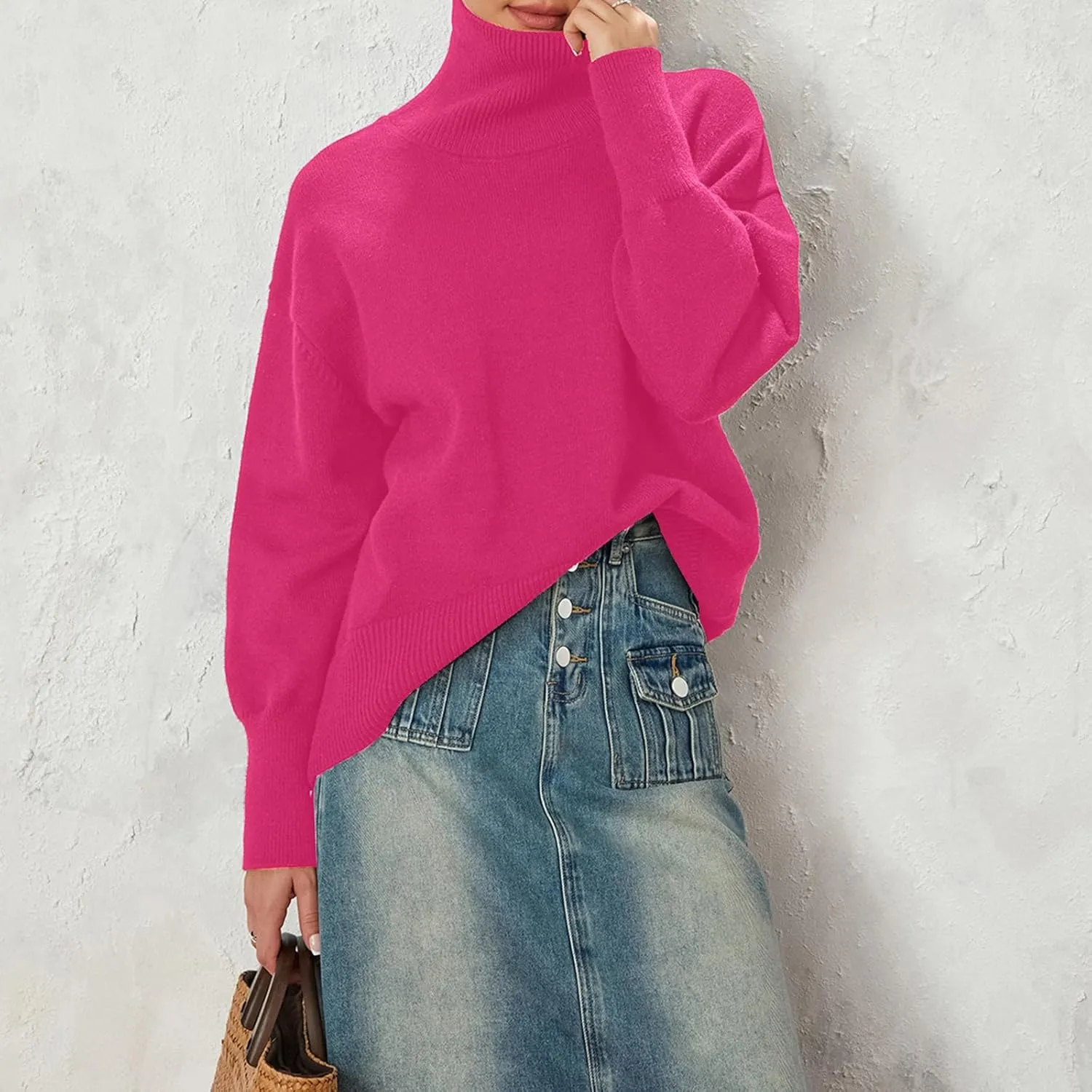 Yoawdats Women's Oversized Turtleneck Sweater Casual Long Sleeve Loose Fit Solid Color Knit Pullover Cozy Winter Knitwear