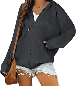 Ytfsrukp Womens Casual Full Zip Up Hoodie Jacket Waffle Sweatshirt with Pockets Oversized Hoodie Loose Fit Basic Y2K Jacket
