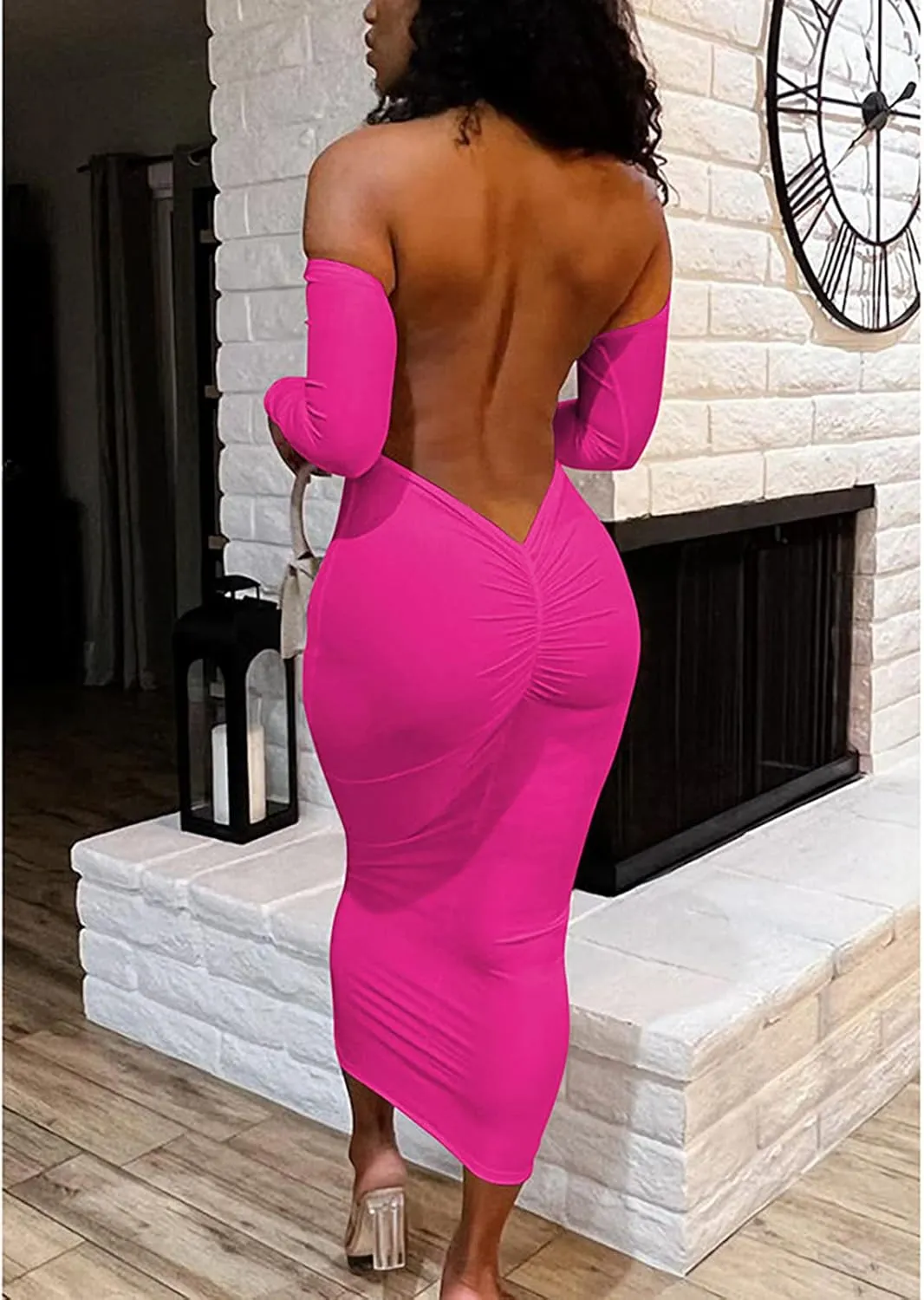 Yuopeid Women's Summer Sexy Off The Shoulder Pullover Long Dress Backless Bodycon Ruched Cocktail Party Midi Dresses