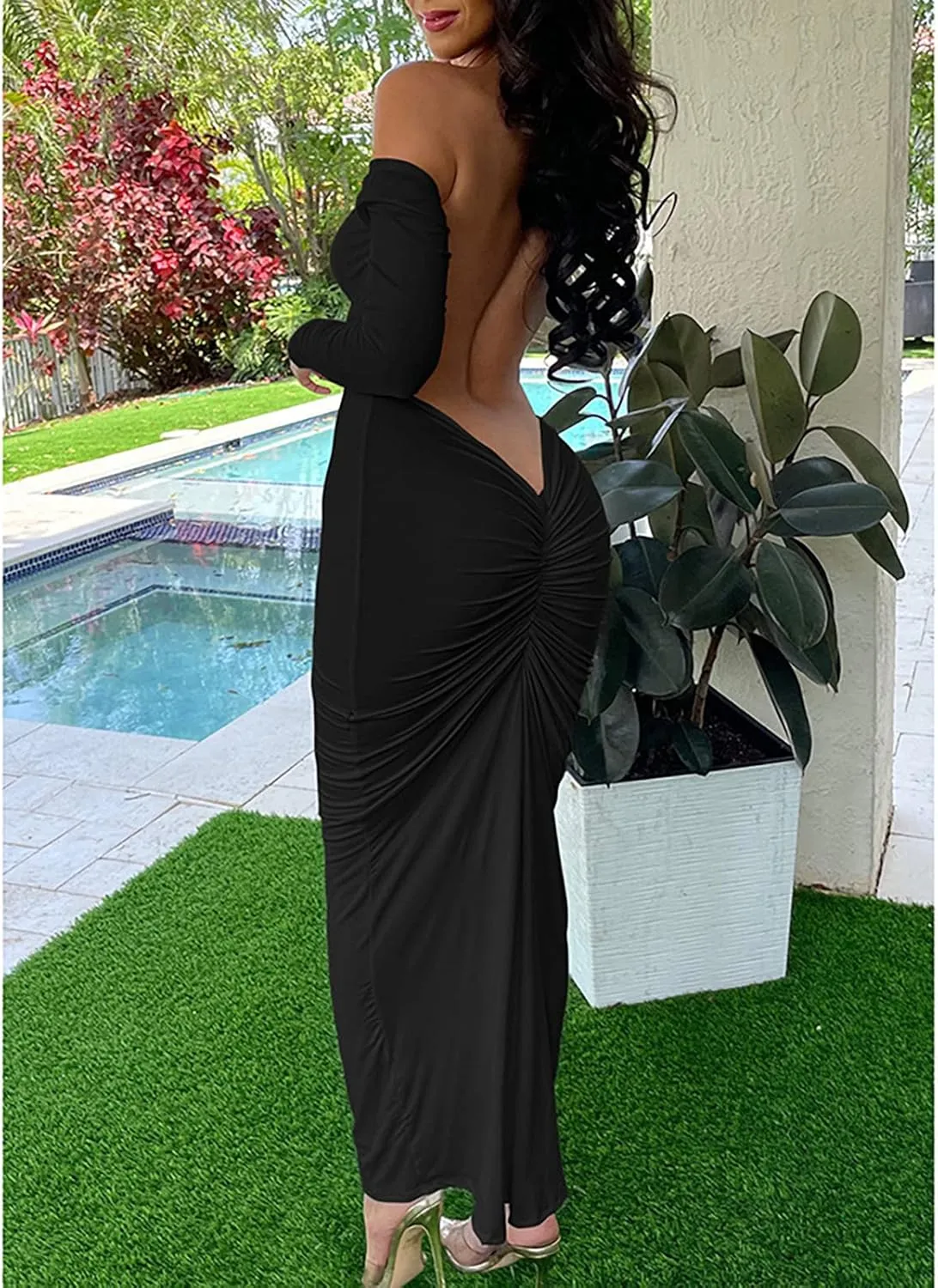 Yuopeid Women's Summer Sexy Off The Shoulder Pullover Long Dress Backless Bodycon Ruched Cocktail Party Midi Dresses