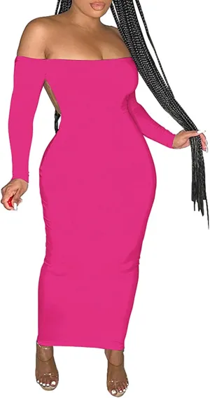 Yuopeid Women's Summer Sexy Off The Shoulder Pullover Long Dress Backless Bodycon Ruched Cocktail Party Midi Dresses
