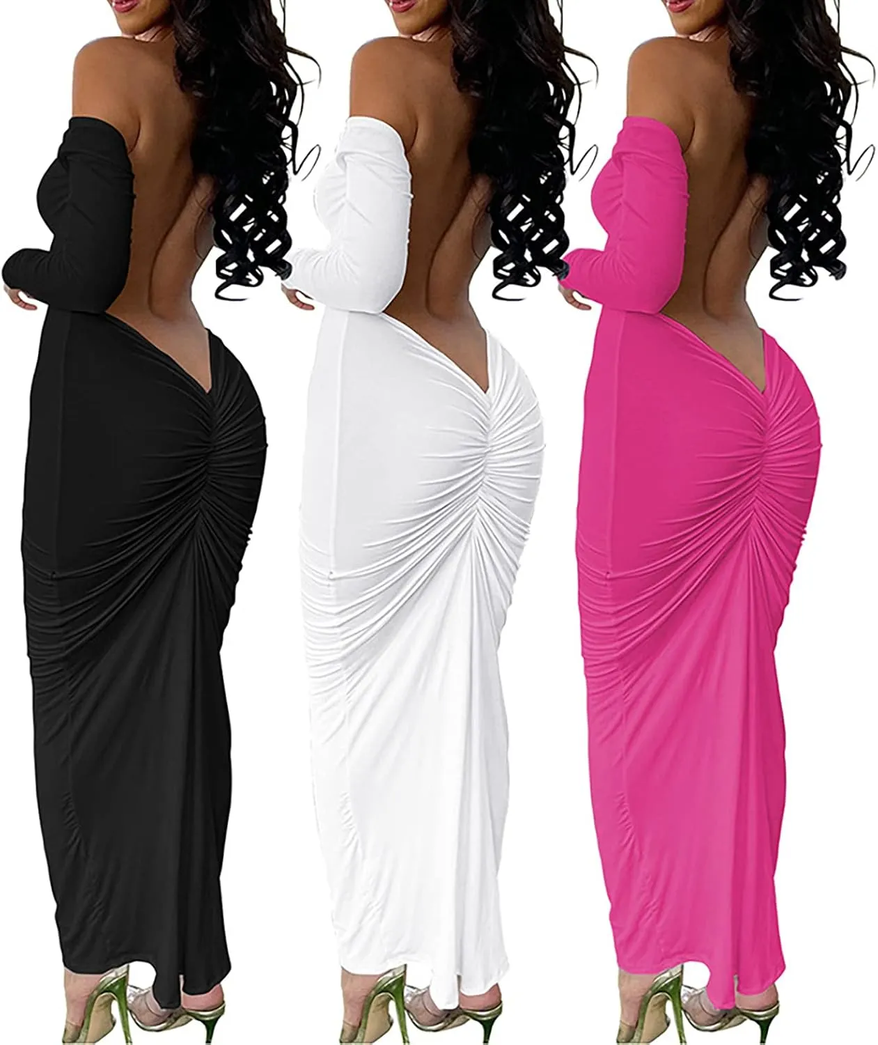 Yuopeid Women's Summer Sexy Off The Shoulder Pullover Long Dress Backless Bodycon Ruched Cocktail Party Midi Dresses