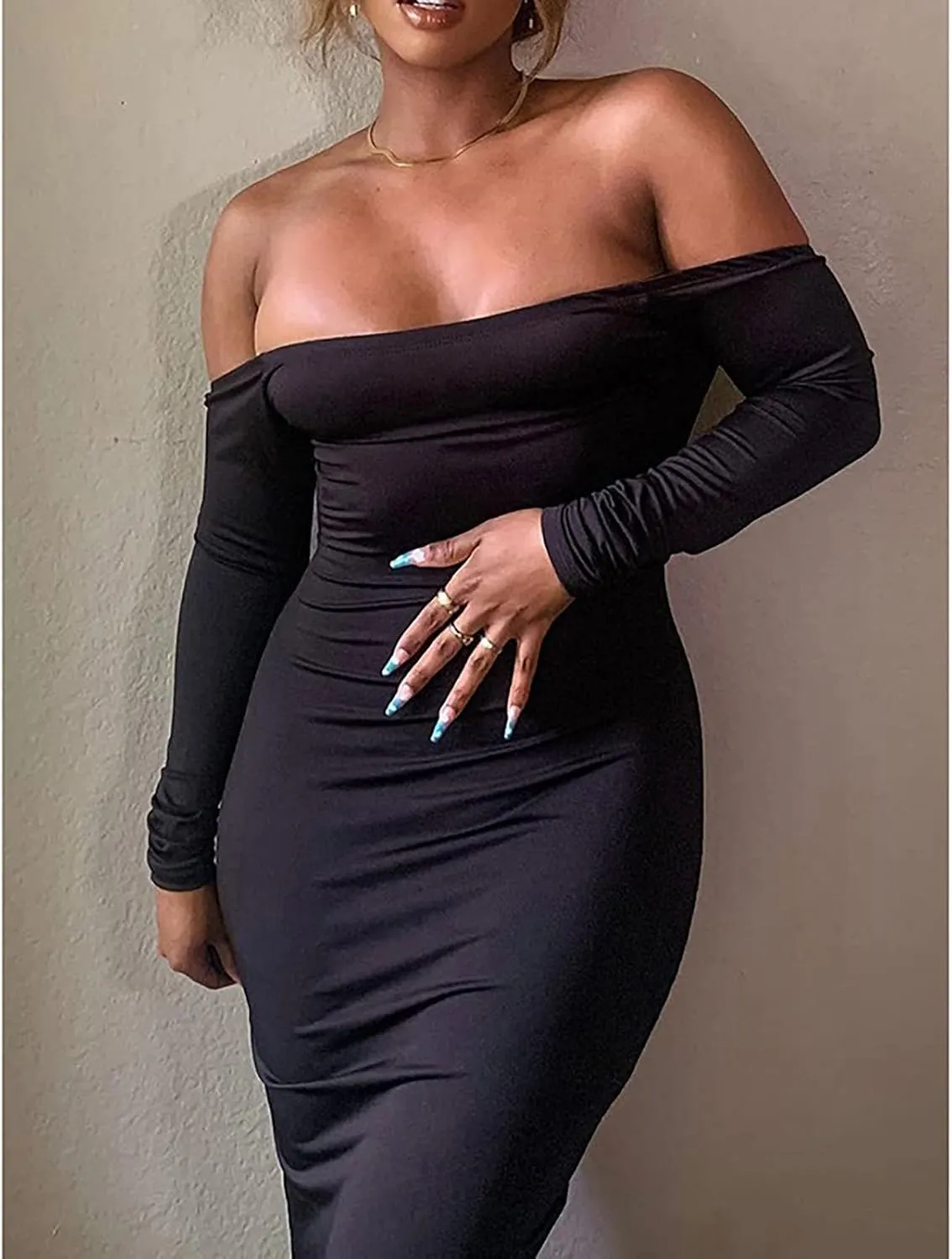 Yuopeid Women's Summer Sexy Off The Shoulder Pullover Long Dress Backless Bodycon Ruched Cocktail Party Midi Dresses