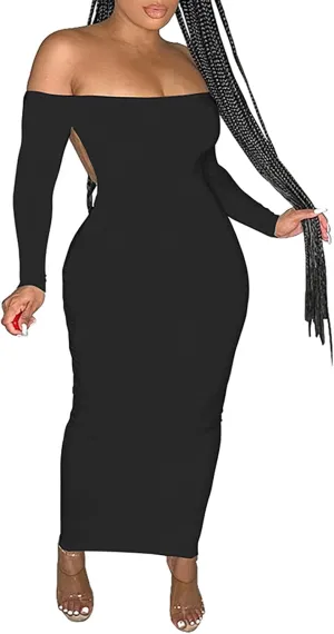 Yuopeid Women's Summer Sexy Off The Shoulder Pullover Long Dress Backless Bodycon Ruched Cocktail Party Midi Dresses