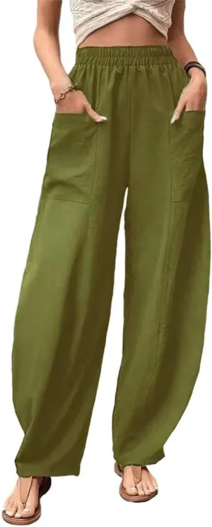 ZOCAVIA Women's Casual High Waist Pants Elastic Solid Color Loose Fit Straight Leg Summer Trousers with Pockets