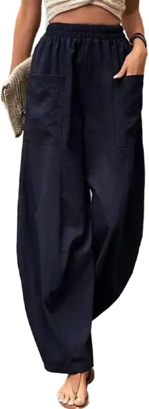 ZOCAVIA Women's Casual High Waist Pants Elastic Solid Color Loose Fit Straight Leg Summer Trousers with Pockets