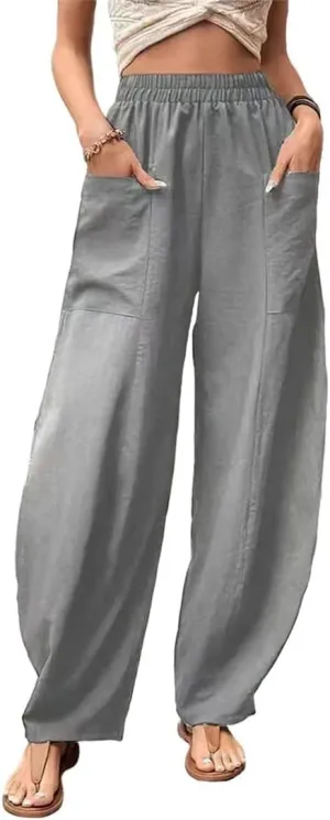 ZOCAVIA Women's Casual High Waist Pants Elastic Solid Color Loose Fit Straight Leg Summer Trousers with Pockets