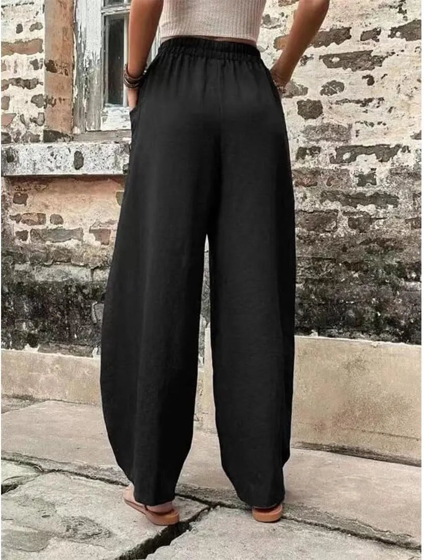 ZOCAVIA Women's Casual High Waist Pants Elastic Solid Color Loose Fit Straight Leg Summer Trousers with Pockets