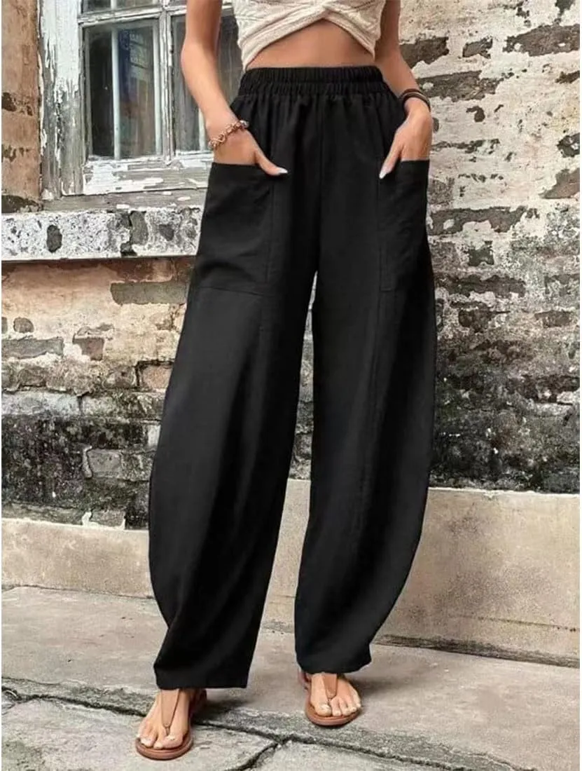 ZOCAVIA Women's Casual High Waist Pants Elastic Solid Color Loose Fit Straight Leg Summer Trousers with Pockets