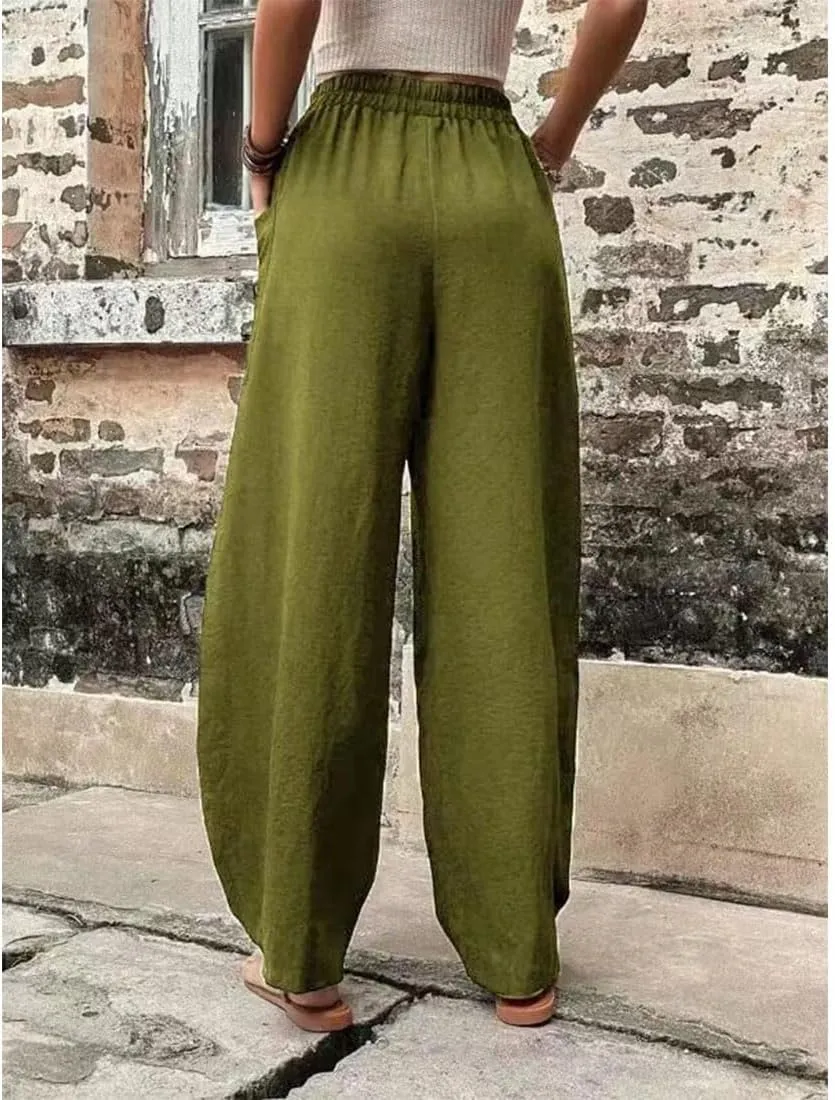 ZOCAVIA Women's Casual High Waist Pants Elastic Solid Color Loose Fit Straight Leg Summer Trousers with Pockets