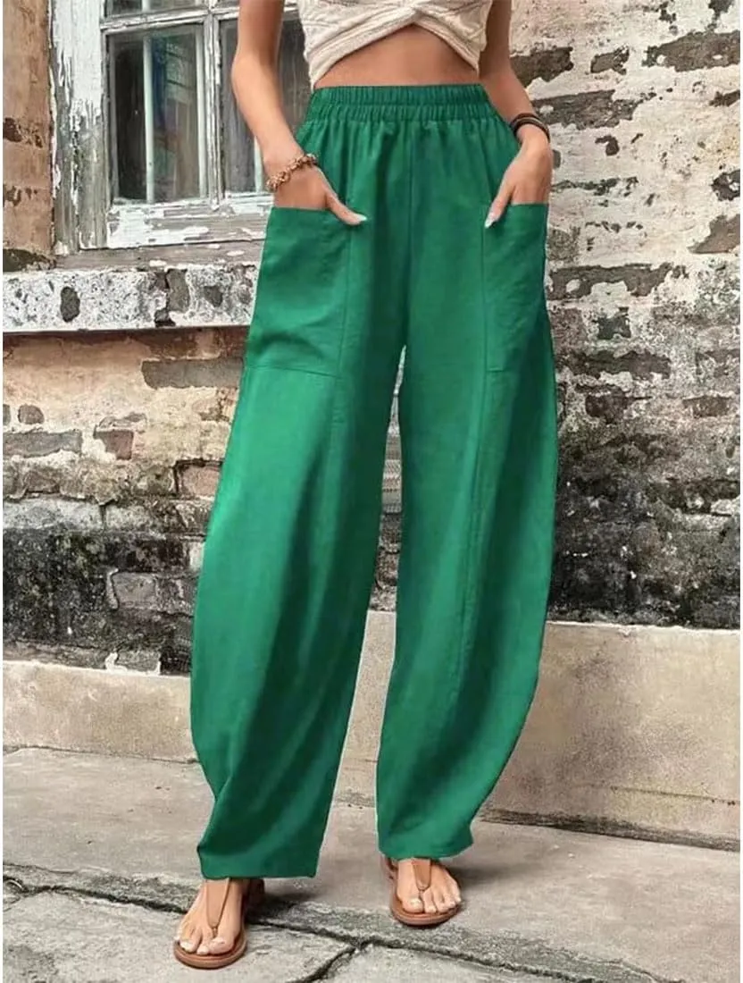 ZOCAVIA Women's Casual High Waist Pants Elastic Solid Color Loose Fit Straight Leg Summer Trousers with Pockets