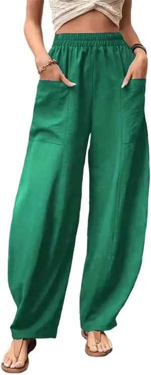 ZOCAVIA Women's Casual High Waist Pants Elastic Solid Color Loose Fit Straight Leg Summer Trousers with Pockets
