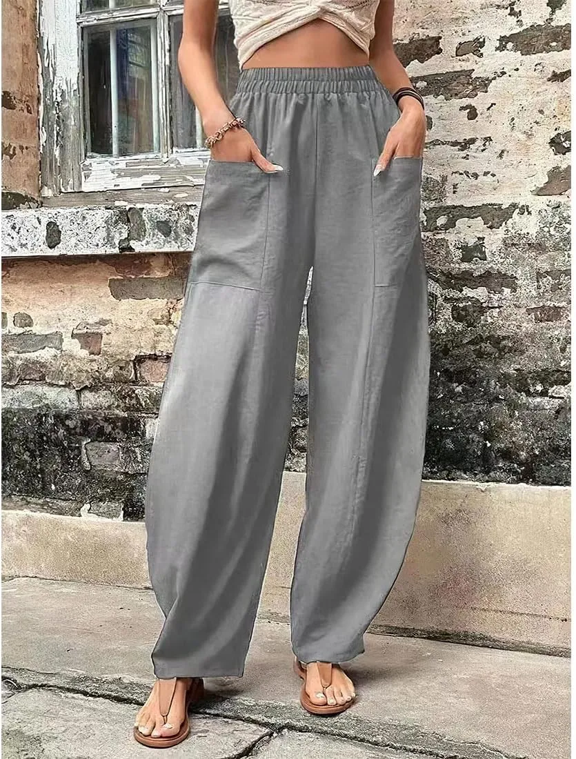 ZOCAVIA Women's Casual High Waist Pants Elastic Solid Color Loose Fit Straight Leg Summer Trousers with Pockets