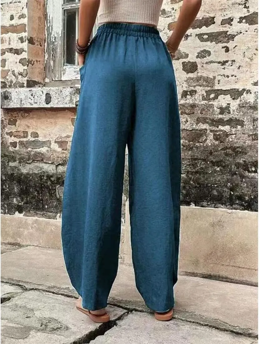 ZOCAVIA Women's Casual High Waist Pants Elastic Solid Color Loose Fit Straight Leg Summer Trousers with Pockets