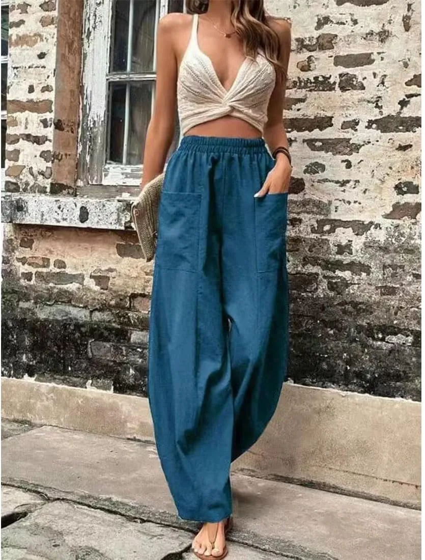 ZOCAVIA Women's Casual High Waist Pants Elastic Solid Color Loose Fit Straight Leg Summer Trousers with Pockets