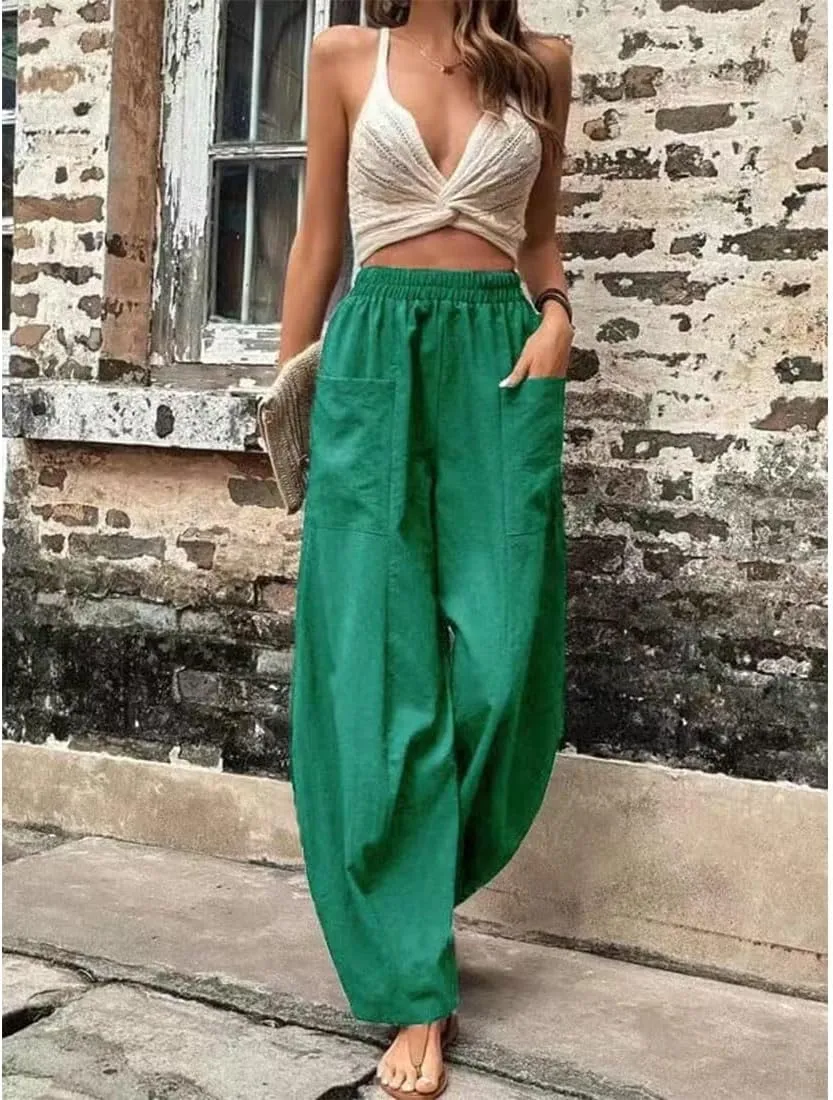 ZOCAVIA Women's Casual High Waist Pants Elastic Solid Color Loose Fit Straight Leg Summer Trousers with Pockets