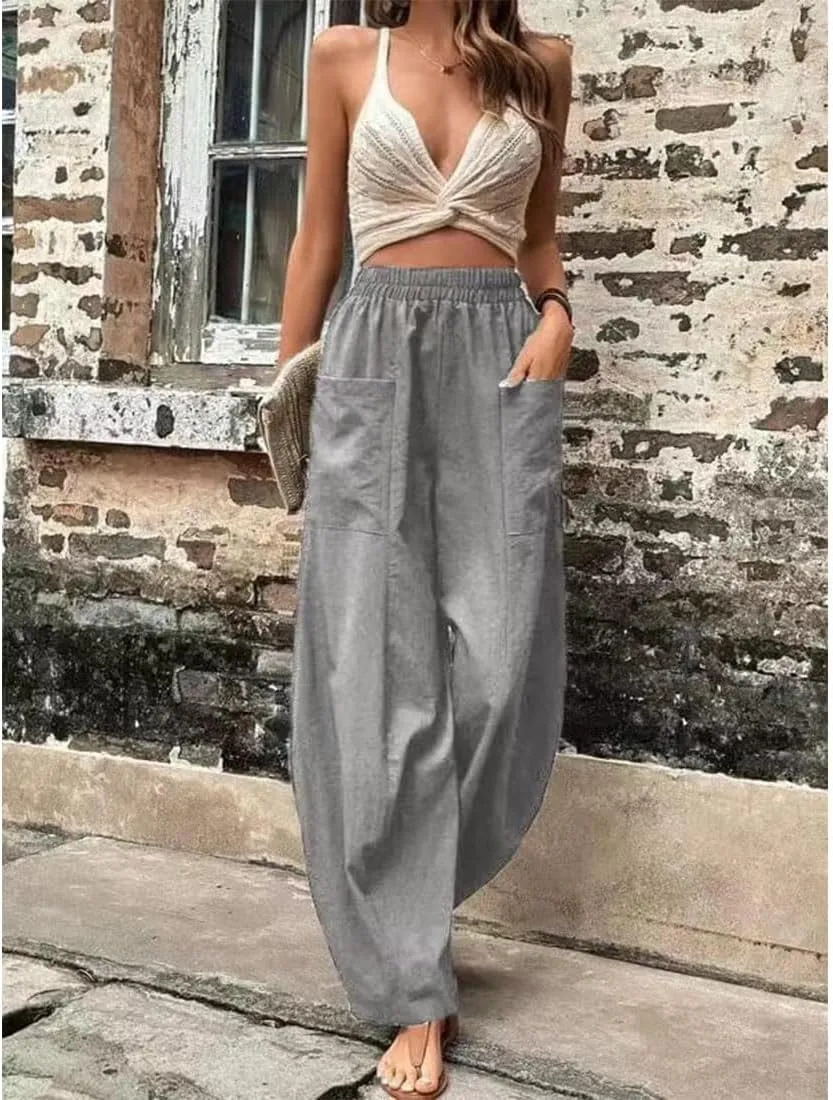 ZOCAVIA Women's Casual High Waist Pants Elastic Solid Color Loose Fit Straight Leg Summer Trousers with Pockets