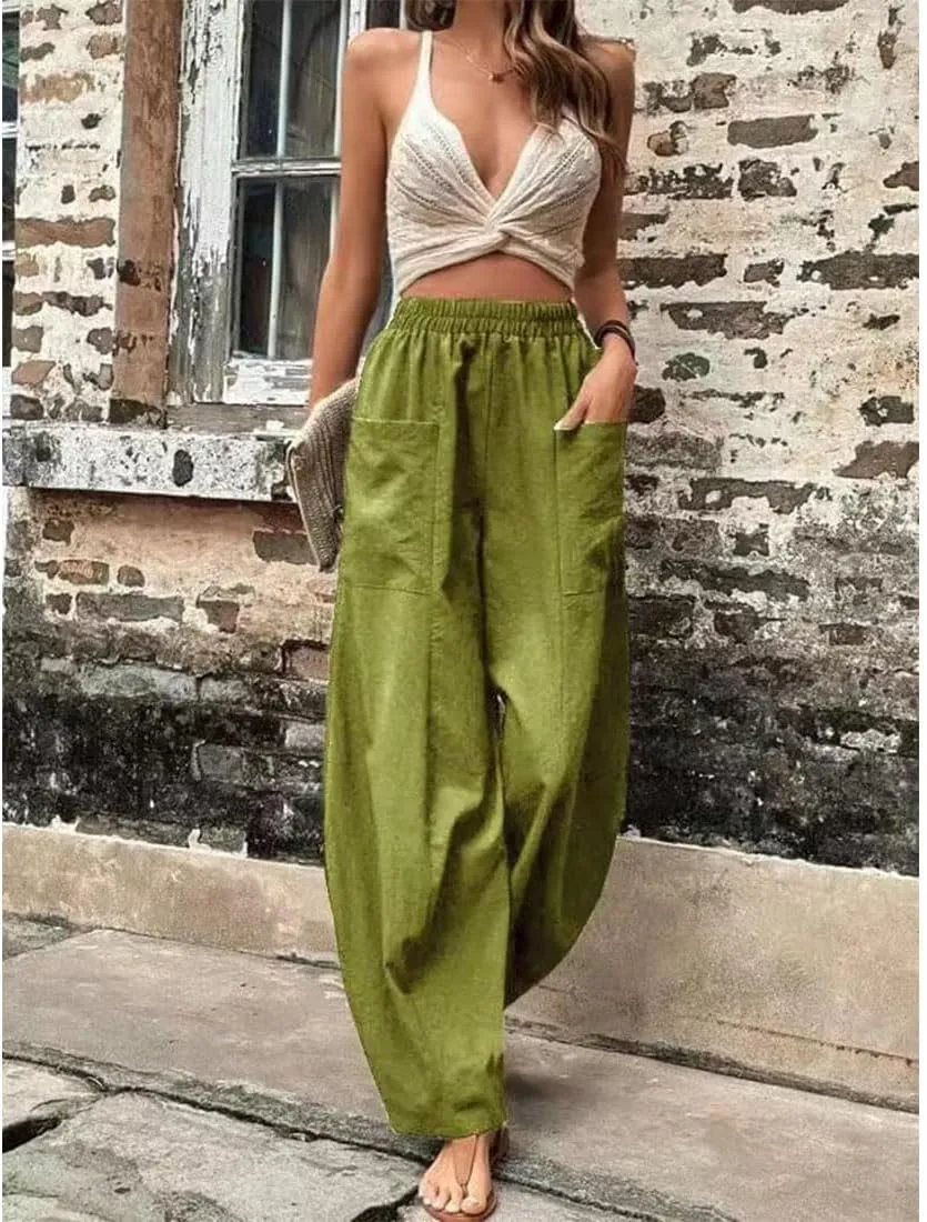 ZOCAVIA Women's Casual High Waist Pants Elastic Solid Color Loose Fit Straight Leg Summer Trousers with Pockets