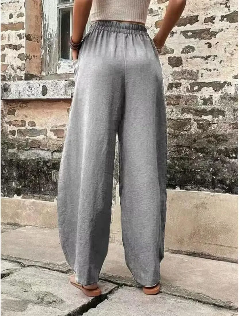 ZOCAVIA Women's Casual High Waist Pants Elastic Solid Color Loose Fit Straight Leg Summer Trousers with Pockets