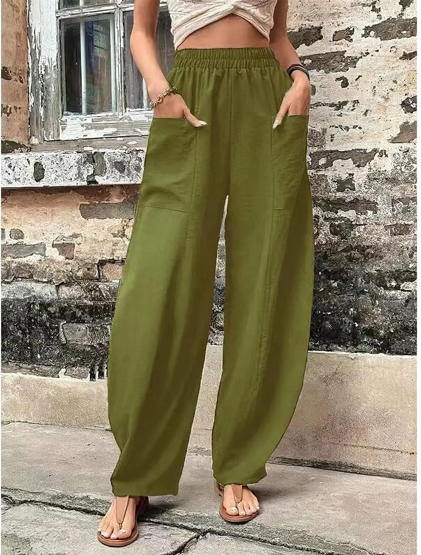 ZOCAVIA Women's Casual High Waist Pants Elastic Solid Color Loose Fit Straight Leg Summer Trousers with Pockets