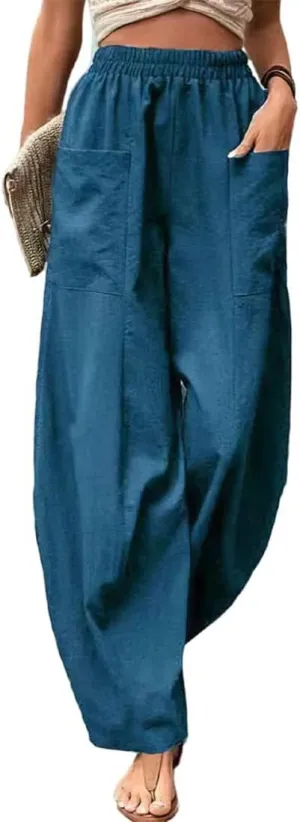 ZOCAVIA Women's Casual High Waist Pants Elastic Solid Color Loose Fit Straight Leg Summer Trousers with Pockets