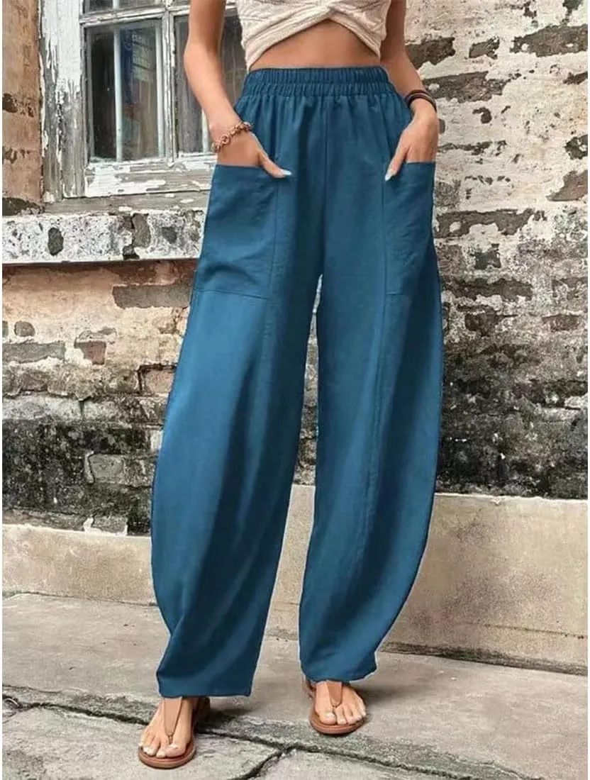 ZOCAVIA Women's Casual High Waist Pants Elastic Solid Color Loose Fit Straight Leg Summer Trousers with Pockets